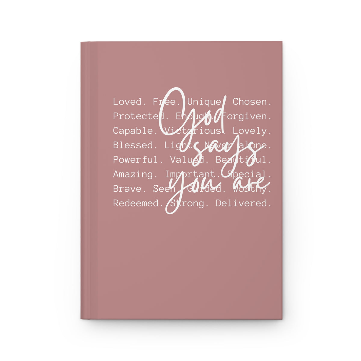 Mauve notebook with motivational text on a white background
