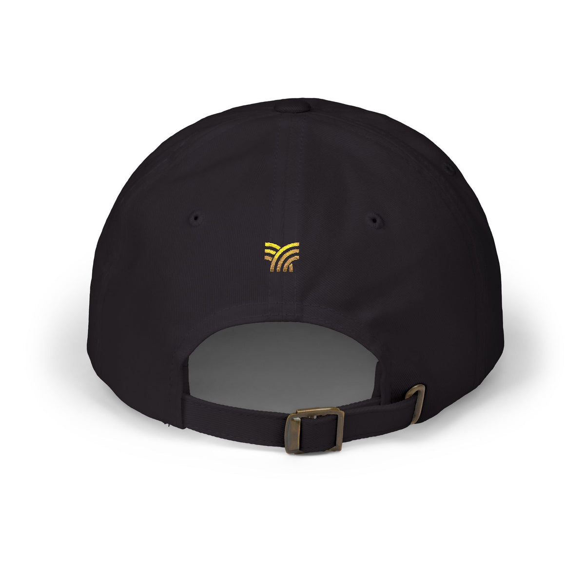 Black cap with a gold yellow' on back flavored and blessed  a white background,highly favored and blessed 