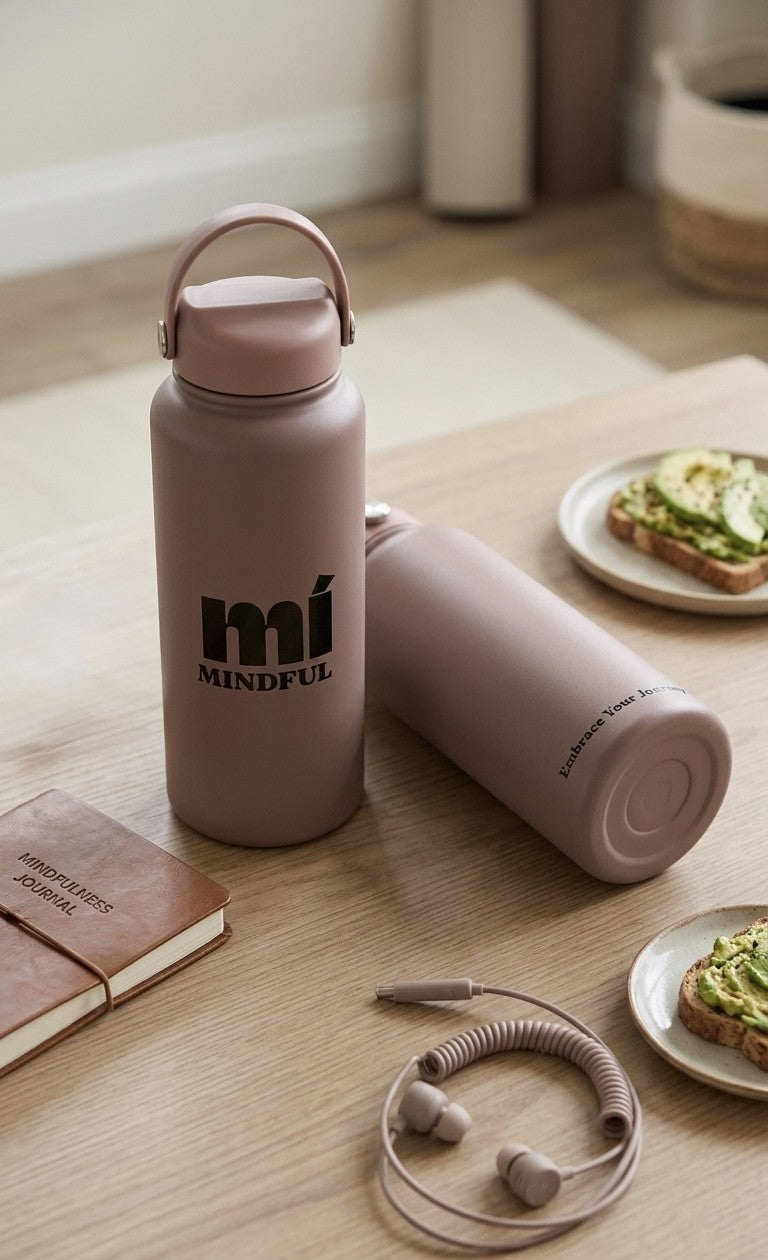 Pink water bottle with 'mi MINDFUL' branding on a wooden surface with plates of food and earphones.