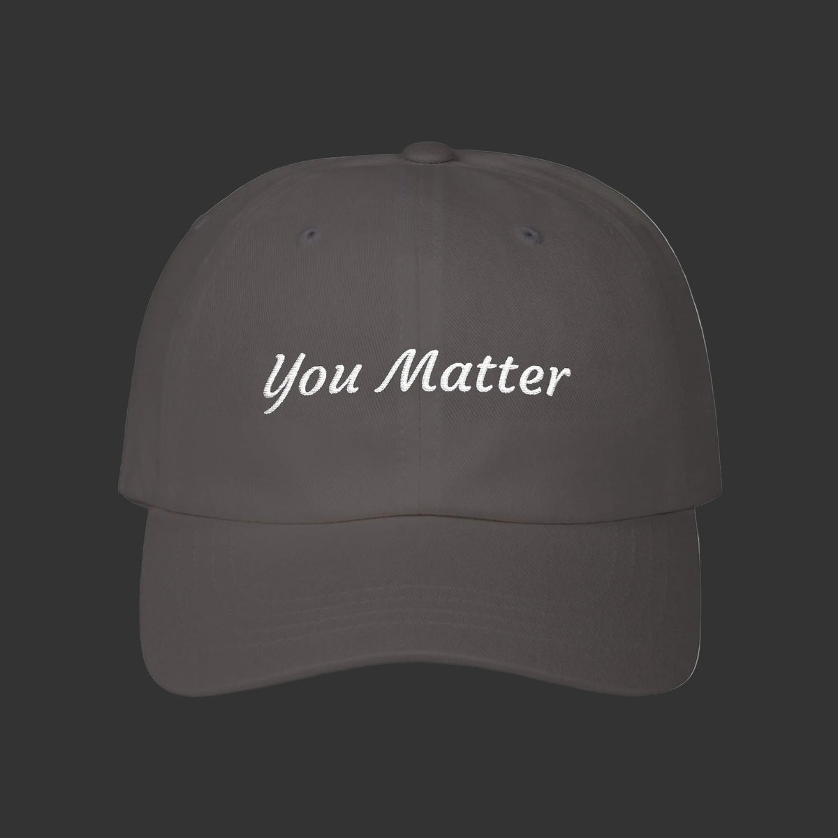 Dark gray cap You matter embroidered on a grey background