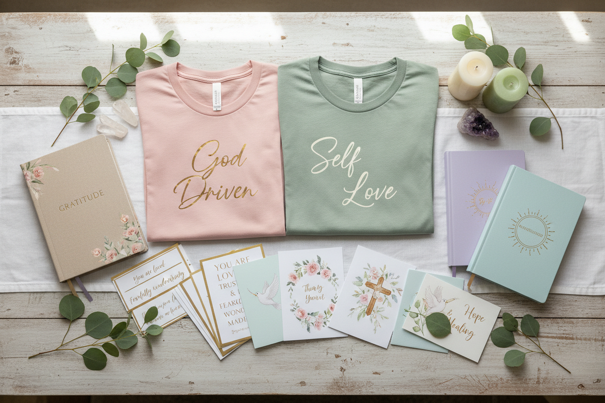 Two t-shirts with motivational phrases, books, and cards on a wooden surface.