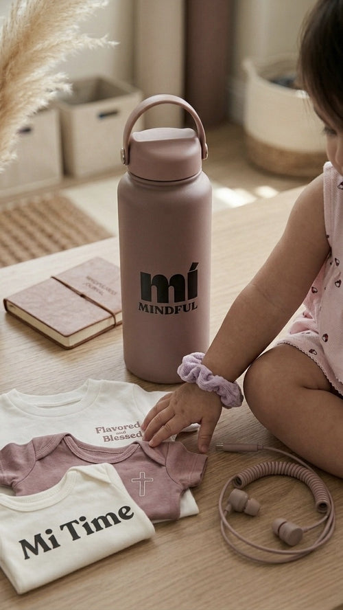 Child playing with 'Mi Time' and 'Mi Mindful' clothing and a pink water bottle on a wooden floor. me time 